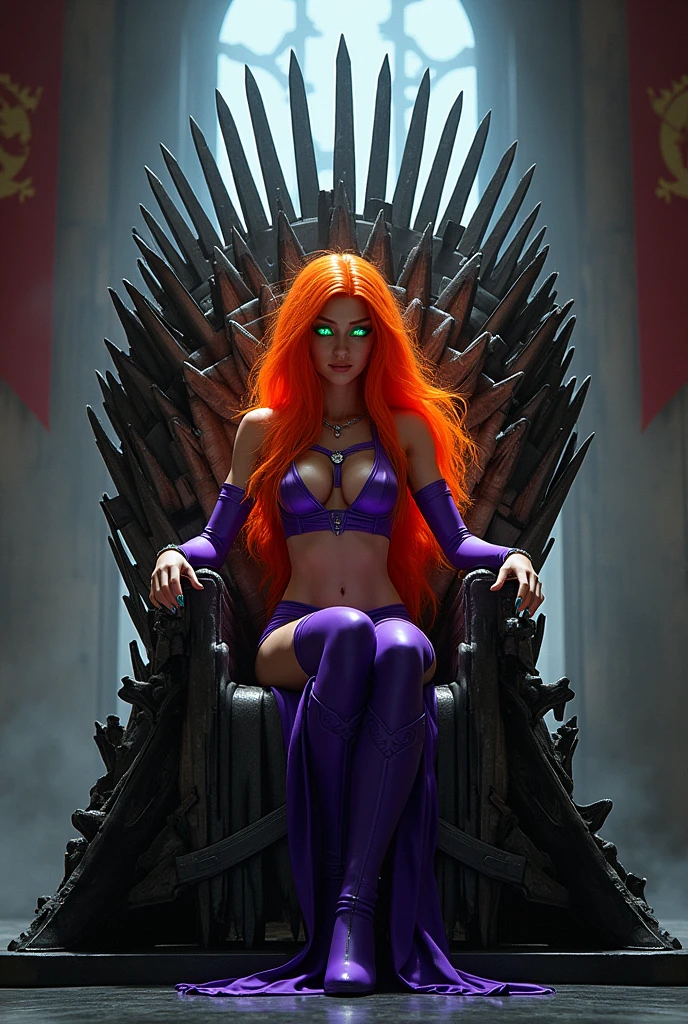 Create an image of Starfire from Titans sitting on the Iron Throne