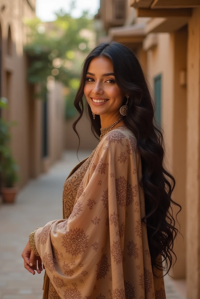 Arab women, beautiful smile, curvy hourglass body, wearing abaya,in village 