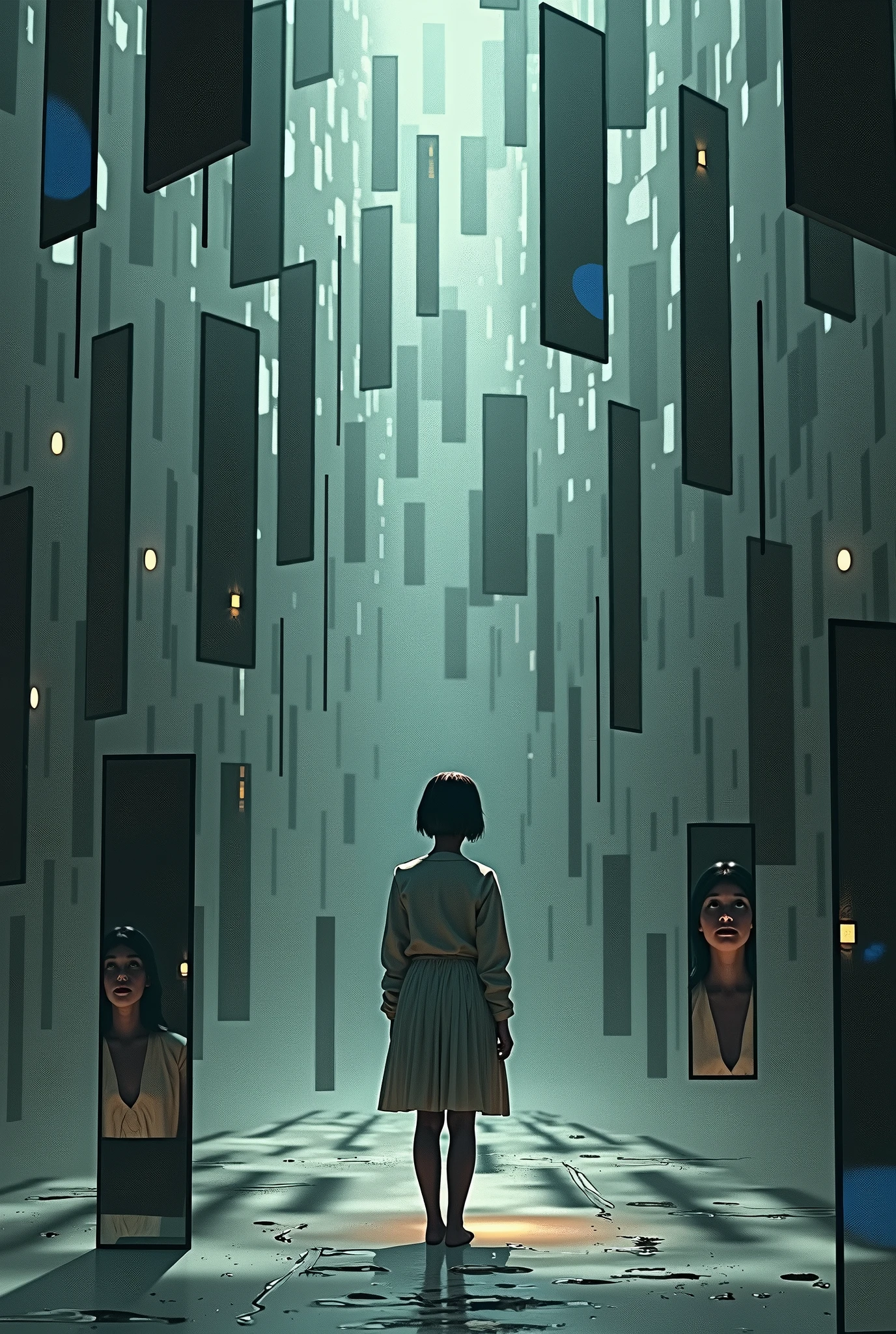 "A person is surrounded by many mirrors, each reflecting different forms and personalities of that same person."