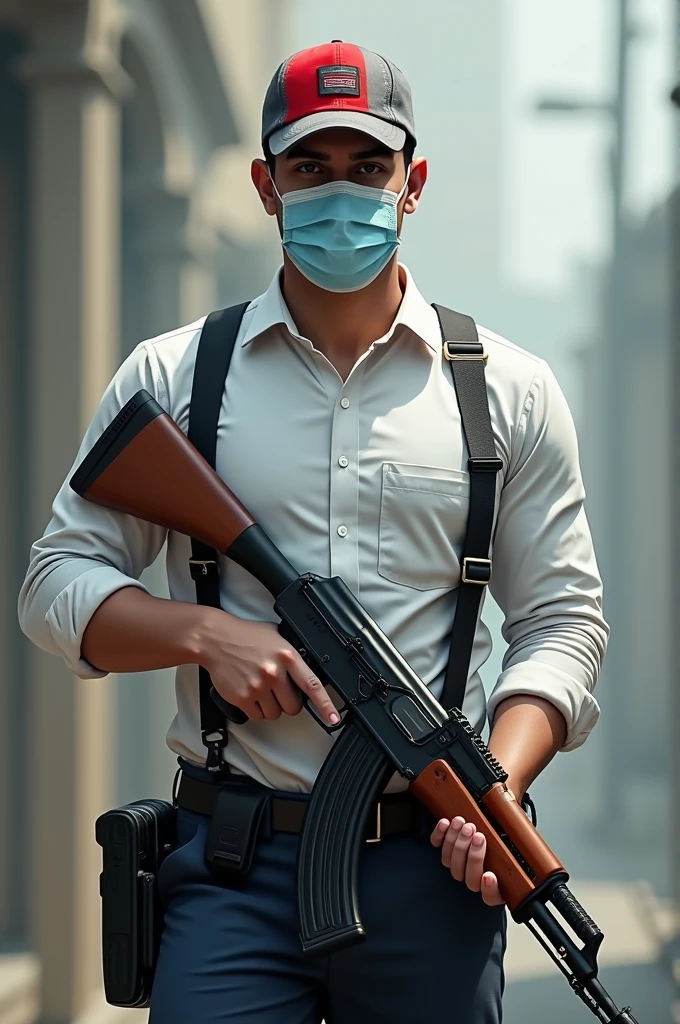 Guy holding an ak47 in white long sleeve button shirt light blue surgical face mask red and grey cap