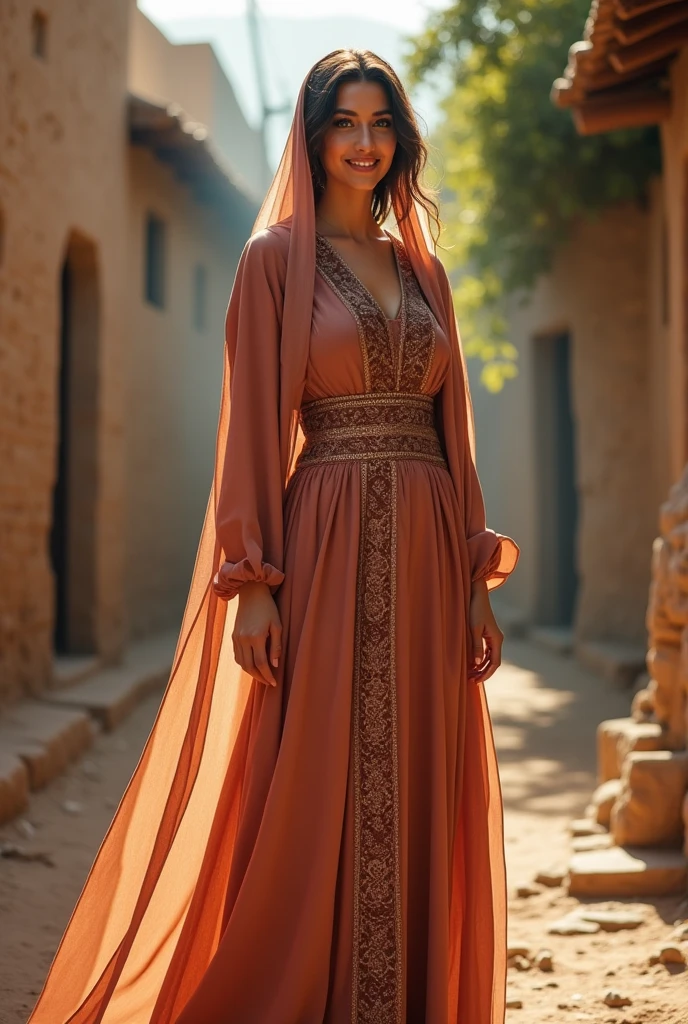 Arab women, beautiful smile, curvy hourglass body, wearing abaya,in village 