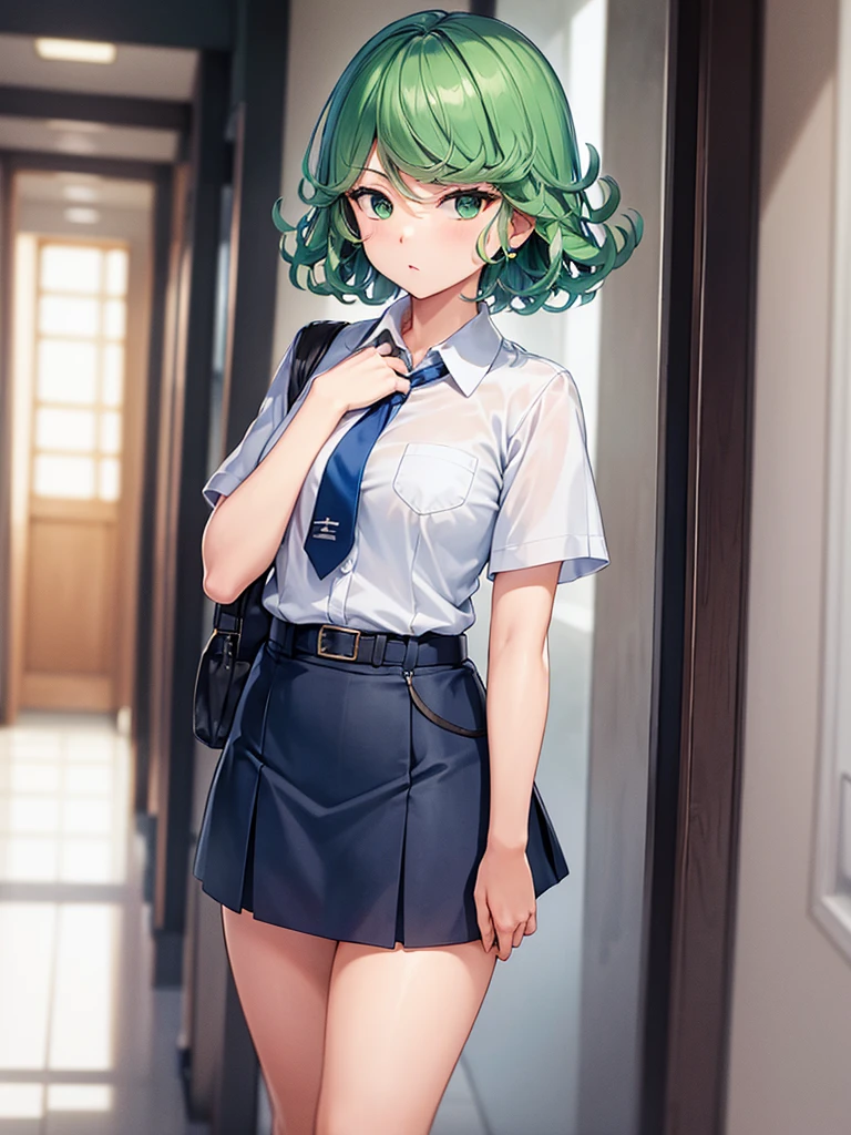 (high res, 8K, masterpiece, looking at viewer, best quality, very aesthetic, ultra detailed, ultra background, ultra Eyes) intricate details, 1girl, Tatsumaki, short sleeved white shirt, Light Blue Gray short skirt, Pockets on the left chest, Blue Gray tie, Wearing a belt, Upright body, green short hair, green eyes, Normal Face, Background School Hallway, Cinematic Angle