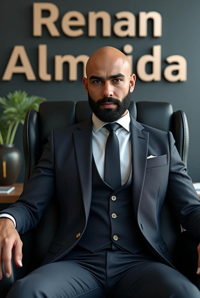 Create a young professional bald man with black beard from an accounting firm sitting on a large black chair a little away looking at the photo with serious face, and behind the man written in 3d Renan Almeida.