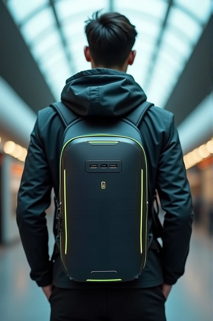 Where the inside of a backpack is shown and a person using it. The back has a rectangular solar panel that has five USB ports. The edges are green on the sleeves of the backpack and where the zipper of the backpack goes, the backpack on the sides.
