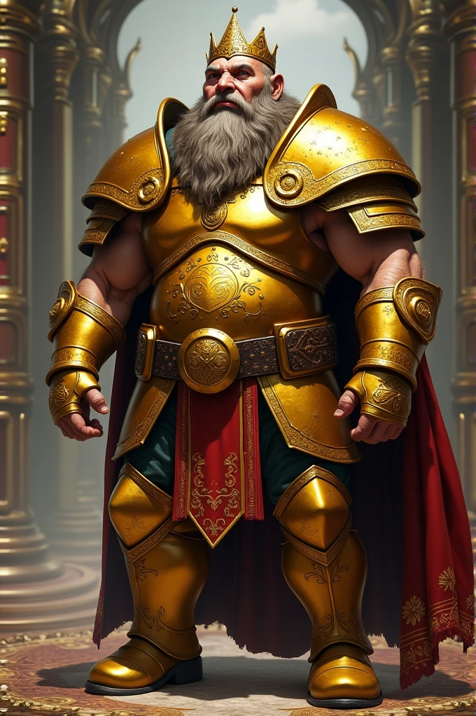 A dwarf in golden armor,crown and high boots