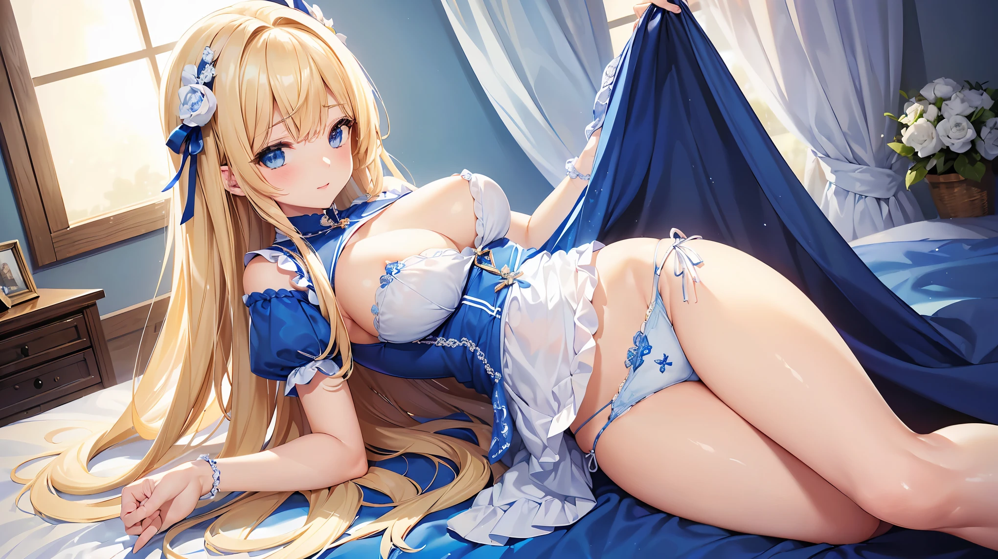 ((Highest quality、High resolution))、Beautiful woman、Perfect body、Beautiful and bountiful breasts、(tits、Nipples、Pussy、Love juice、No panties)、long blond、bangs、Blue and white、Embellished blue sexy dress、skirt、(((Abandoned、After the rape、Covered in semen)))、Outdoor Scenery、((Sexually excited facial expression、Spread your legs))