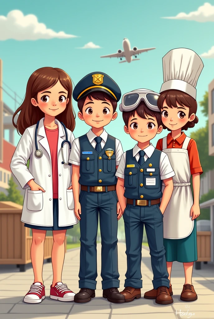 Kids donning different professions  like doctor, police man, pilot, chef 