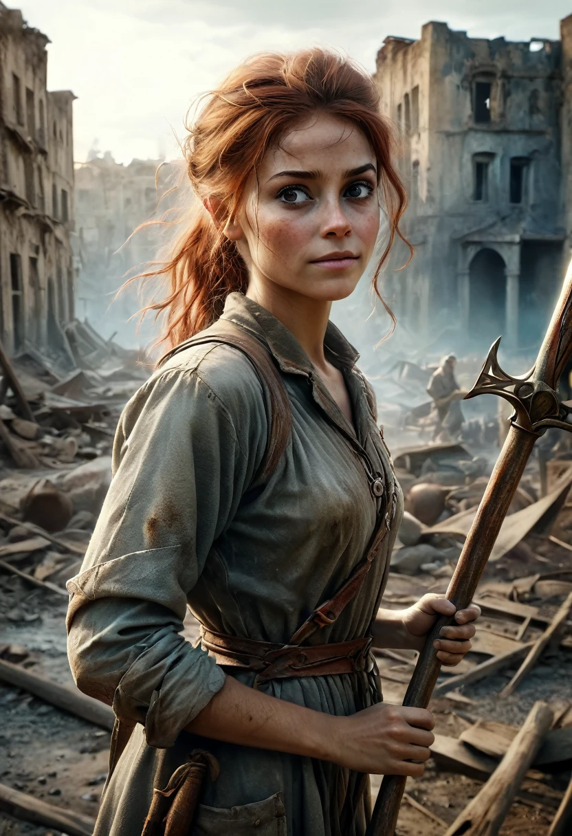 (Realistic:1.2), (whimsical:1.2), ultra detailed, modern analog style, photorealistic cute woman, chestnut hair, tattered outwear, post-apocalyptic, detailed face, beautiful eyes, (shy smile:0.7), (freckles:0.5), holding a big staff, exhausted after another battle, dramatic, faded colours, soft focus, soft naturally lighting, looking directly to the camera, centered image, elegant, approaching perfection, hyper realystic, bokeh, kodak 400 porta film, blured post-apocalyptic background of ruin city includes metal and stone construction  elements 