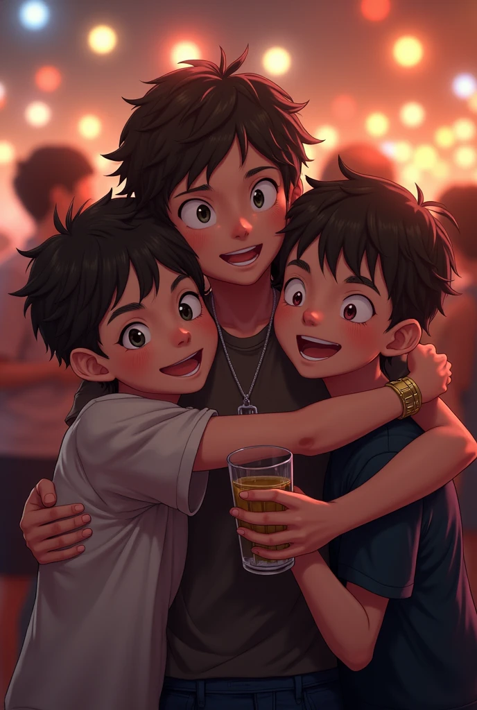 foreground, close up of his face, of 3 boys, in a party, hugged, with glasses in hand. realist
