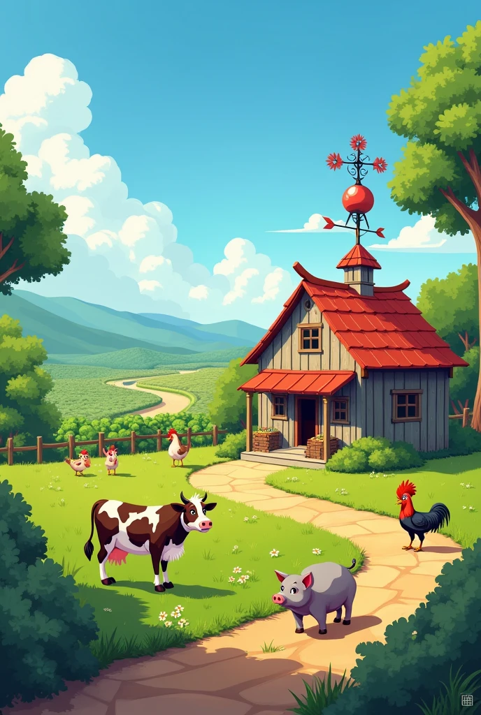 beautiful little farm with cow, weather vane, Roadside, FULL, plantation, boi, galinha, pig, green grass and very vibrant colors