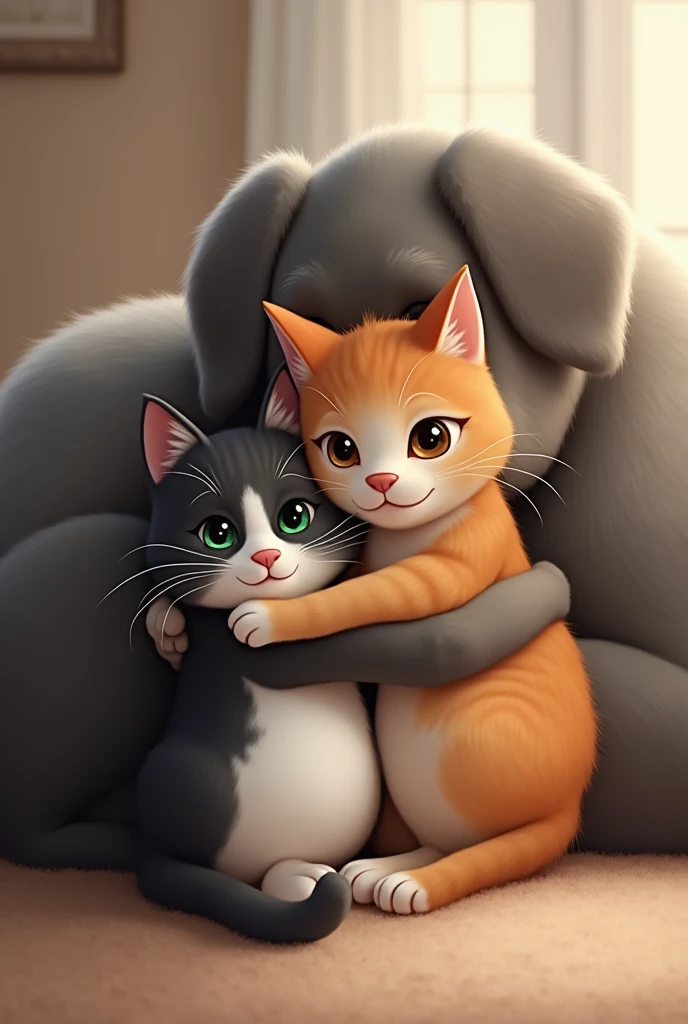Please create a picture for me of a cat with white and black fur, the belly is white, the back is black and brown, the head is black but has a white heart in the middle. this cat is cuddling with a big dog who is grey with brown eyes. The cat has green eyes and you can see, that they love each other