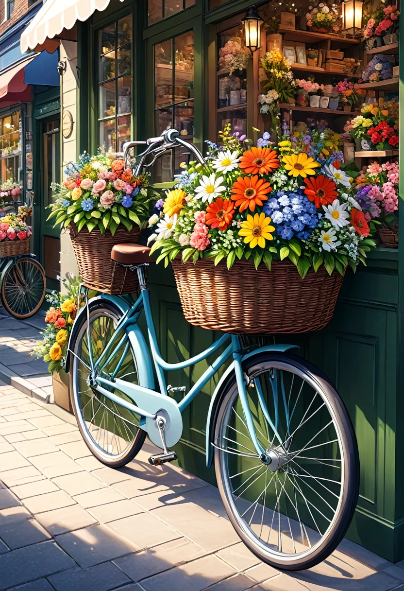 ( Correct and perfect anatomy )(close up) A basket brimming with fresh flowers. A detailed and intricate bicycle parked beside the flower shop. A detailed and complex, perfectly artistic illustration. Delicate, realistic, high detail. Best quality. ( Correct and perfect anatomy ) Ultra-detailed animation art and visual effects masters perfectly compose intricate digital art