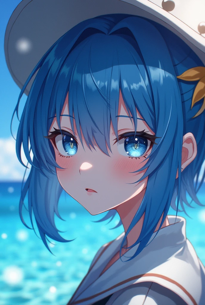 a close up of a person with blue hair and a hat, beautiful anime,beautiful and aesthetic, beautiful fantasy, clear oceans