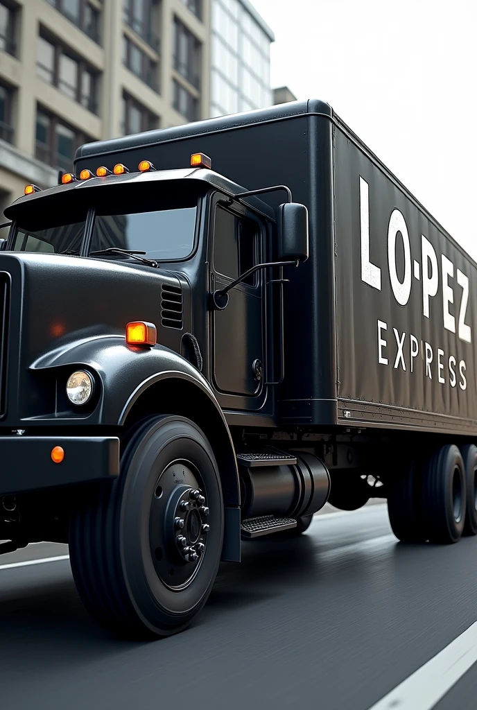 Super realistic black van truck with capital letters written on the body : "LOPEZ EXPRESS"