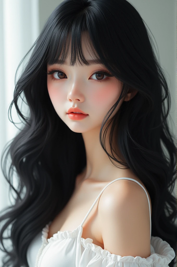 a woman with long black hair wearing a white top, ulzzang, detailed long black hair, whitebangsblackhair, black-hair pretty face, long wavy black hair, russian and japanese mix, beautiful black hair, yami kawaii, anime barbie in white, korean idol, wavy black hair, wavy long red-haired hair, beautiful full face