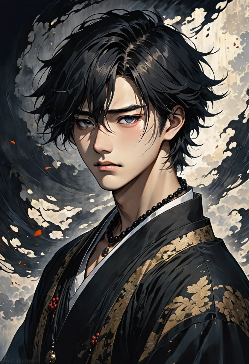 A 28-year-old Asian male with a dark and twisted background. He has a sharp facial structure with a melancholic yet intense expression. His eyes are narrow, reflecting emptiness and pain, but occasionally show unexpected gentleness. His hair is slightly messy, jet-black, with a few strands falling over his forehead as if hiding part of his identity. He wears a dark, tradition outfit—tainted with subtle stains or tears, hinting at a troubled past. A small necklace hangs around his neck, carrying deep personal meaning. His posture is usually reserved, quiet, and introverted, but when his darker side emerges, his demeanor shifts, revealing an aura of anger and sorrow. The background should be dimly lit, emphasizing the character’s internal conflict, with shadows that almost seem alive, representing his haunted past."