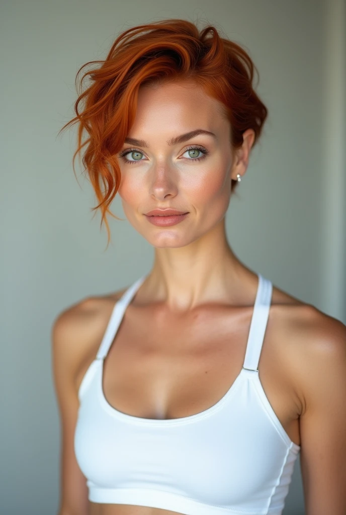 Adult german woman with short red hair ,wearing light lipstick and green eyes, captured in portrait, donning a white sport bra 