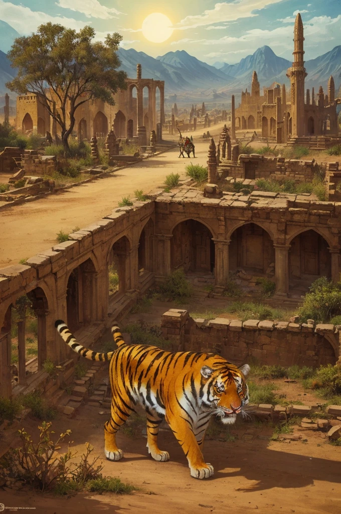 action move, view distance, colours, evil demonic rakshasa-stranger with scimitar, horror, south, desert, medieval, tiger in rich cloth clothes, landscape, day, bright sun, dark evil aura tiger, ruins of great town,  few colours, distorted art, ghostly, the style of the 60s