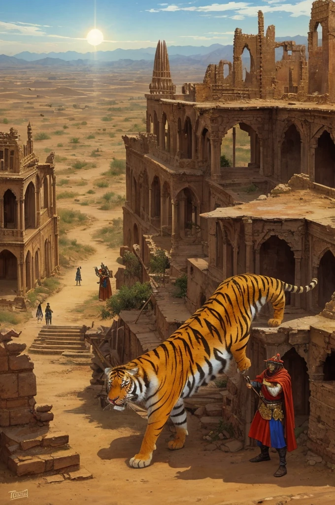 action move, view distance, colours, evil demonic rakshasa-stranger with scimitar, horror, south, desert, medieval, tiger in rich cloth clothes, landscape, day, bright sun, dark evil aura tiger, ruins of great town, few colours, distorted art, ghostly, the style of the 60s