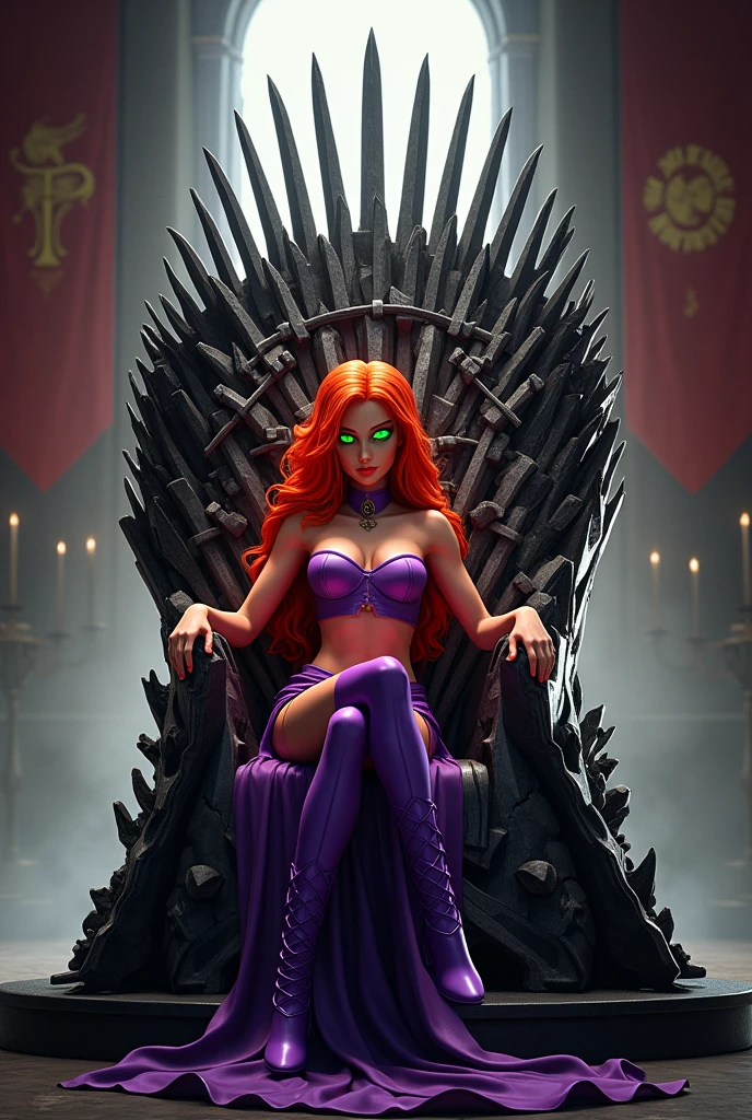 Create an image of Starfire from Titans sitting on the Iron Throne