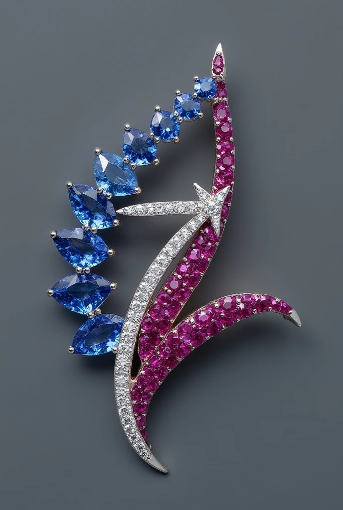 A brooch. It should have an A made having blue sapphire and a V using rubies. And a arrow made with diamonds. Make it a little subtle and less obvious. And make it fluid.