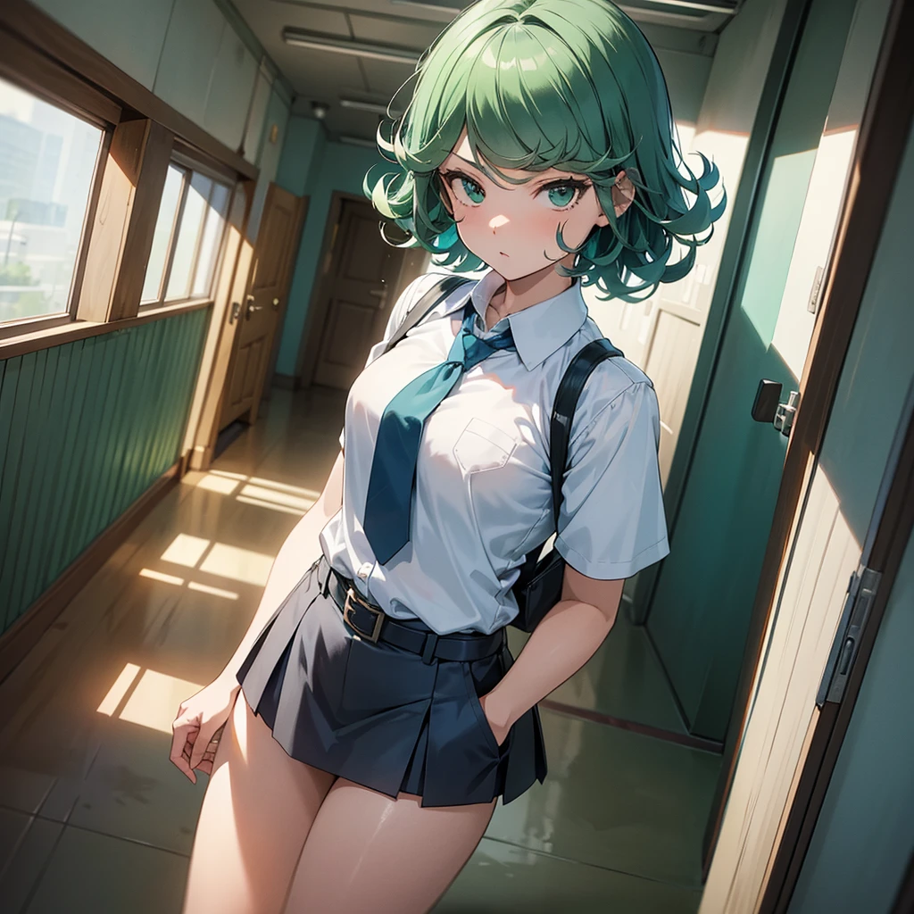 (high res, 8K, masterpiece, looking at viewer, best quality, very aesthetic, ultra detailed, ultra background, ultra Eyes) intricate details, 1girl, Tatsumaki, short sleeved white shirt, Light Blue Gray short skirt, Pockets on the left chest, Blue Gray tie, Wearing a belt, Upright body, green short hair, green eyes, Normal Face, Background School Hallway, Cinematic Angle