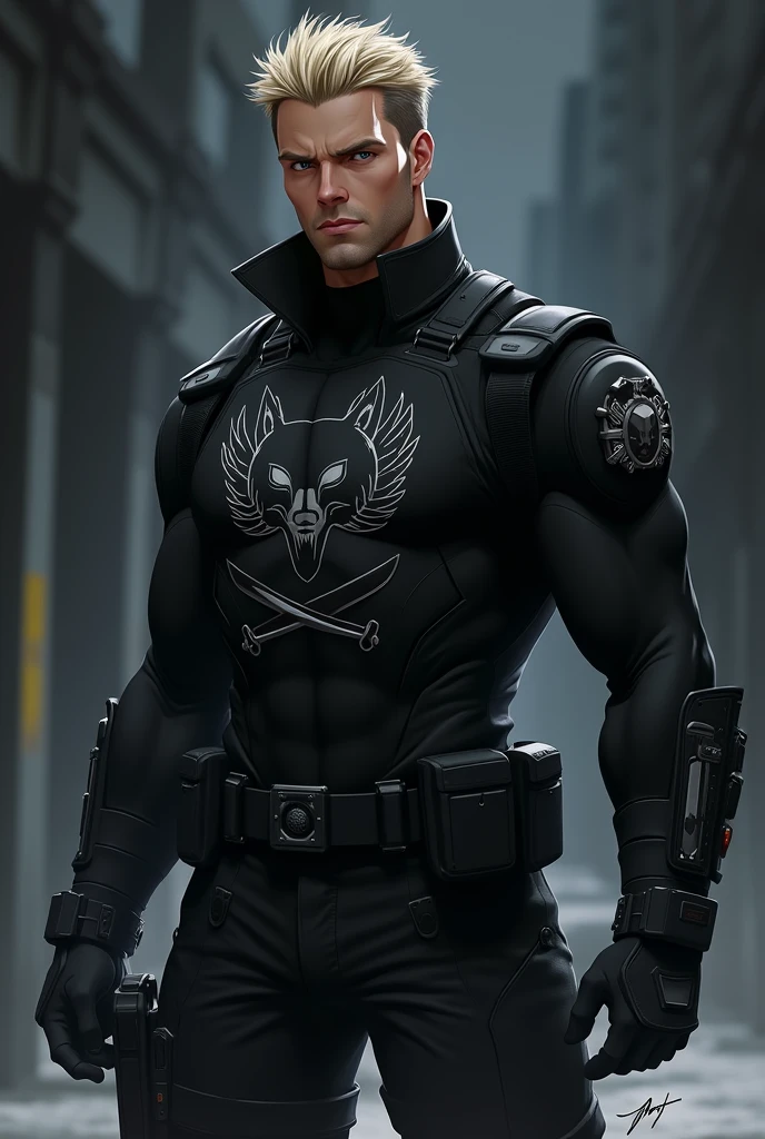 Animé, homme, inspirée de whitney houston avec des vêtements de combat ( noir avec le logo d'une tête de loup avec deux sabres), pantalon noir
