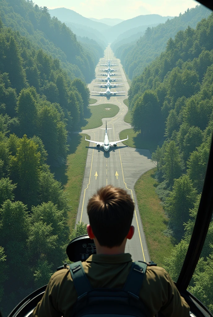 A young man piloting a military helicopter seeing an airport in the middle of the forest with commercial planes parked