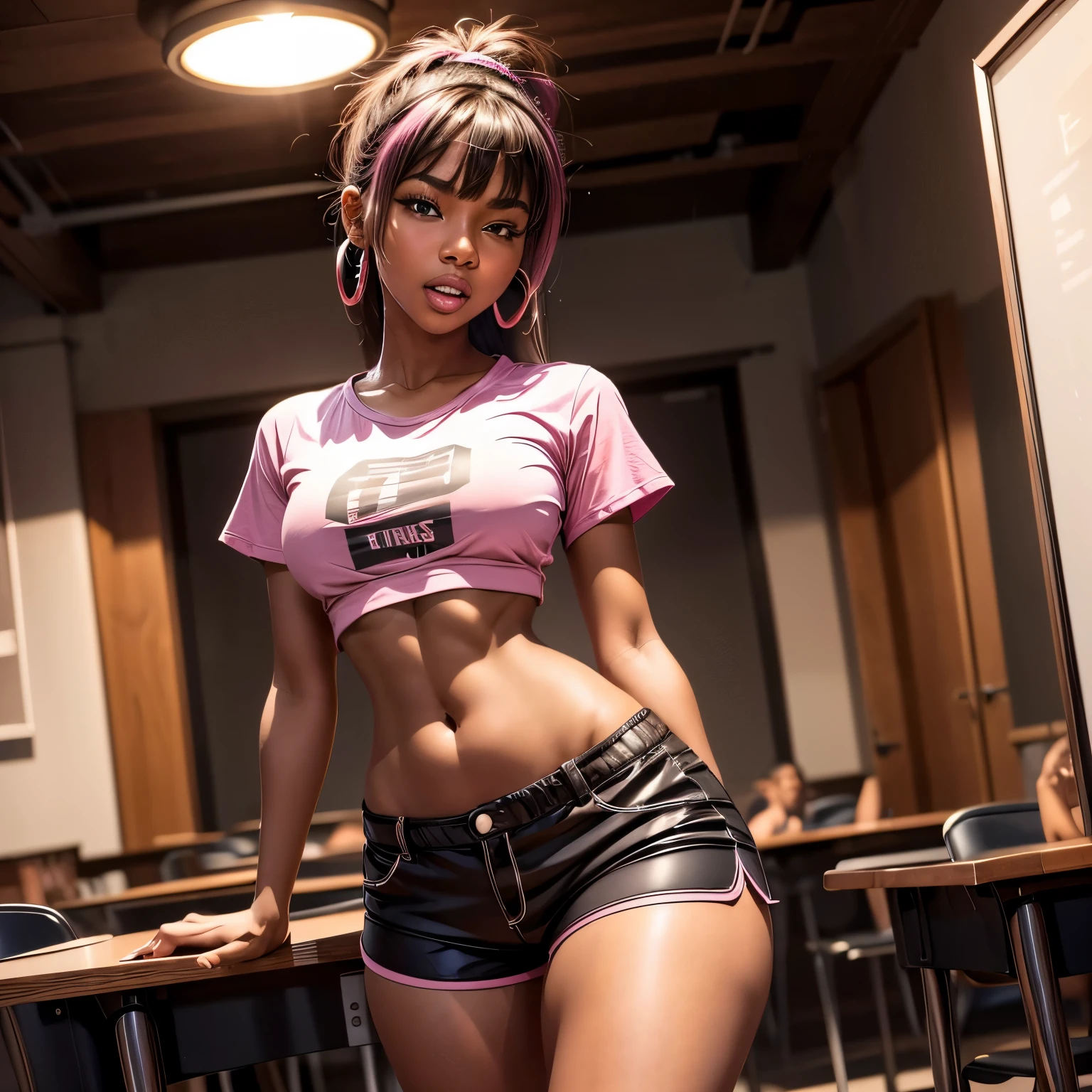 work of art, high quality, ebony girl, high resolution, volumetric lighting, underground dispersal, 8k, beautiful woman, (dark skin), Filipino, college student, 's uniform, (big-ass), breasts big, (pink tub top shirt), (cotton shorts:1.2), Wavy hair, pony tail, bangs, headband, hoop earnings, class room, pose sexy, seductively pose, 3/4 shot, cowboy shot, ((slim thick body:1.1)), thick thighs, round-butt, open mouth, big lips, screaming, orgasm, night time, eyes closed
