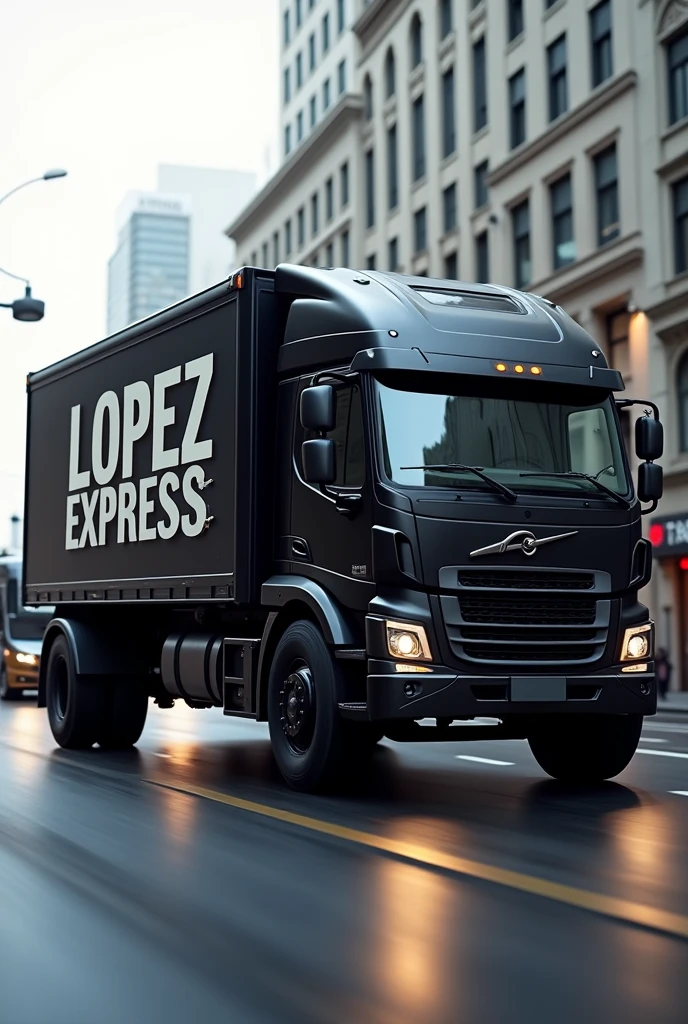 Super realistic black van truck with capital letters written on the body : "LOPEZ EXPRESS" 