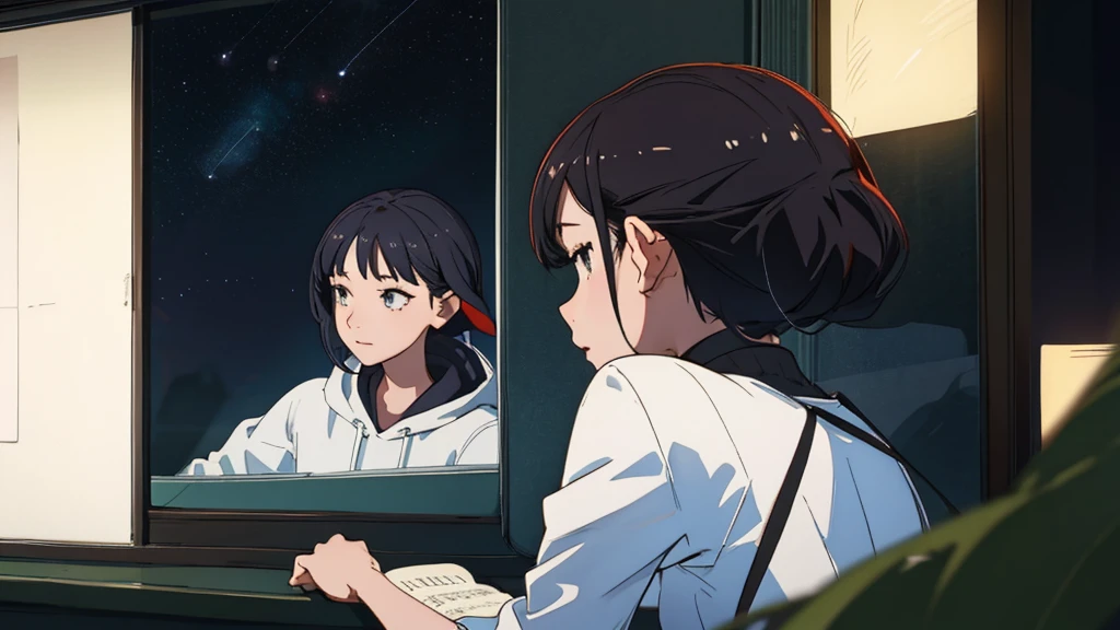 Please draw a scene of a 20-year-old studying and taking notes in a notebook.。, Listening to music on headphones, In a quiet and relaxing environment, View from behind, Gazing at the horizon, At night, From the window you can see a beautiful view of the stars.。dark部屋、dark