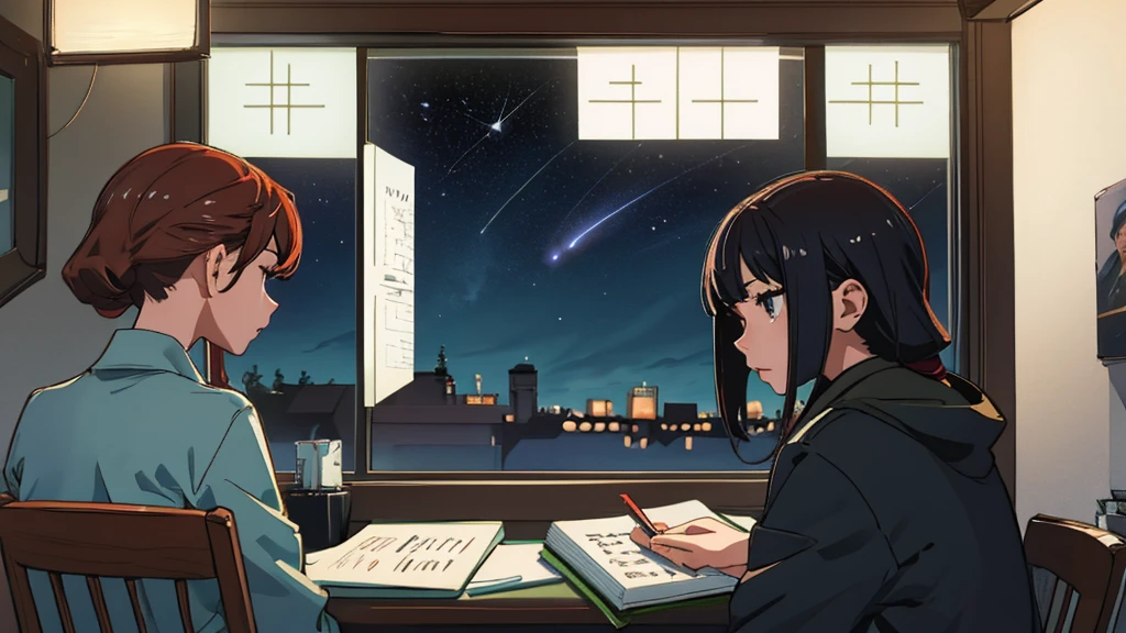 Please draw a scene of a 20-year-old studying and taking notes in a notebook.。, Listening to music on headphones, In a quiet and relaxing environment, View from behind, Gazing at the horizon, At night, From the window you can see a beautiful view of the stars.。dark部屋、dark