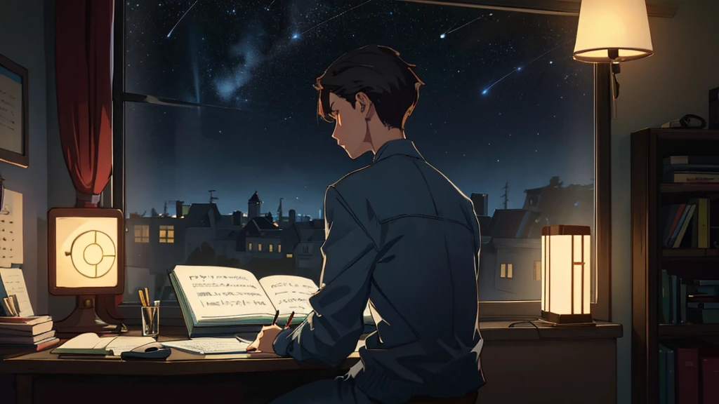 Please draw a scene of a 20-year-old studying and taking notes in a notebook.。, Listening to music on headphones, In a quiet and relaxing environment, View from behind, Gazing at the horizon, At night, From the window you can see a beautiful view of the stars.。dark部屋、dark
