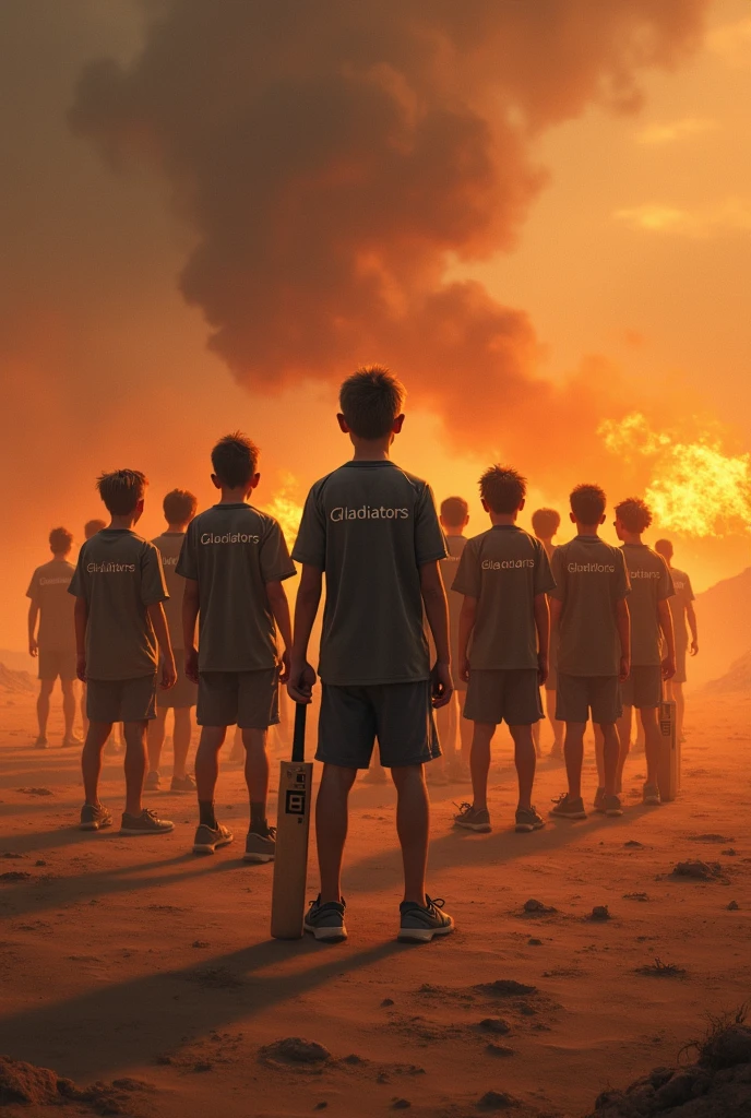 Imagine 16 year old 11 boys standing back view in fire desert and gladiators written on their shirts and 2 of them holding cricket bad in their hands