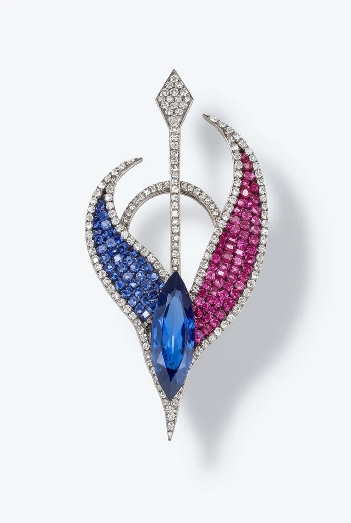 A brooch. It should have an A made having blue sapphire and a V using rubies. And a arrow made with diamonds. Make it a little subtle and less obvious. And make it fluid.