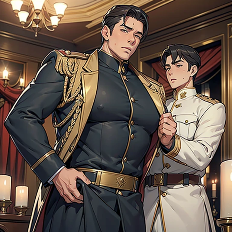 ((A handsome male general stands in a luxurious, dimly lit room. He is dressed in a military uniform that accentuates his muscular build and confidence. The uniform jacket is unbuttoned, revealing a huge manly breast which are being grabbed by a stranger)), NSFW, porn, hentai, ((His expression is intense and commanding:0.2)), The soft glow of candlelight highlights the sharp contours of his face and the details of his uniform - creating a sensual and romantic atmosphere,  (The room is decorated with rich, velvet drapes and antique furniture, adding an air of mystery and allure), ((man with huge squishy manly breasts)), ((someone is fondling his huge breasts:0.3)), ((his uniform is so tight it cant hold his huge breasts back)), ((the general drank an aphrodisiac and now feels horny)),  ((sexual assault)), ((someone aggressively grabs the general’s huge breasts:0.3)), ((oiled up)),