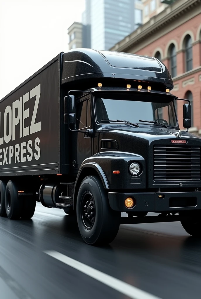 Super realistic black van truck with capital letters written on the body : "LOPEZ EXPRESS"