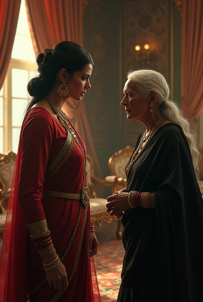 Image of beautiful, mid age, powerful,  rich , Ambitious, indian queen , sitting in room , talking to her very old in age And very poor wicked female maid wering black saree, long hair. Not that intimate, maid is Posioning the queen with words. Queen is in anger.