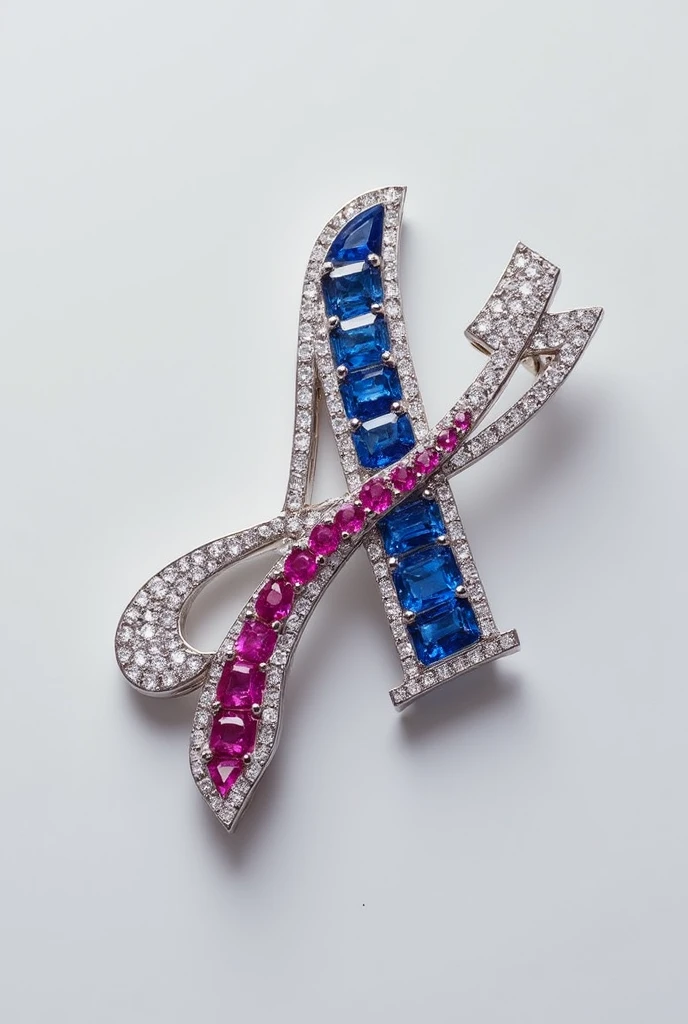 A brooch. It should have an A made having blue sapphire and a V using rubies. And a arrow made with diamonds. Make it a little subtle and less obvious. And make it fluid.