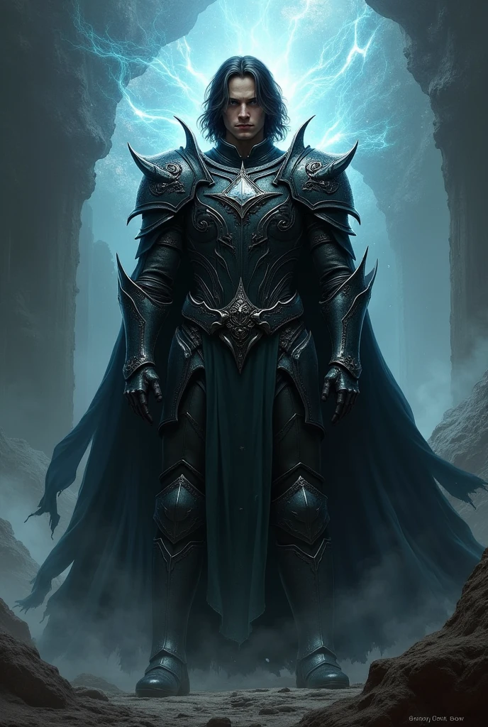 a Paladin wearing black armor,  beatyfull male figure standing alone, dramatic lighting, black medium hair, With dark power around you,  highly detailed, cinematic, epic, D&D, concept art style