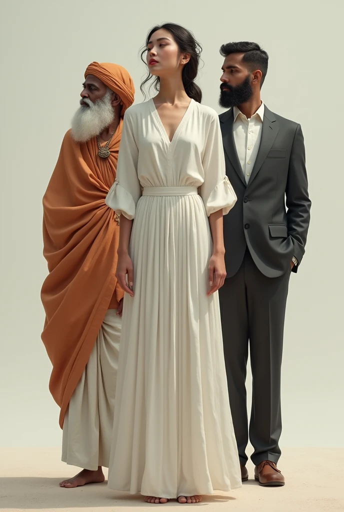 Make a woman in a skirt and white blouse, de olhos fechados. with an Indian and a man in a suit behind her