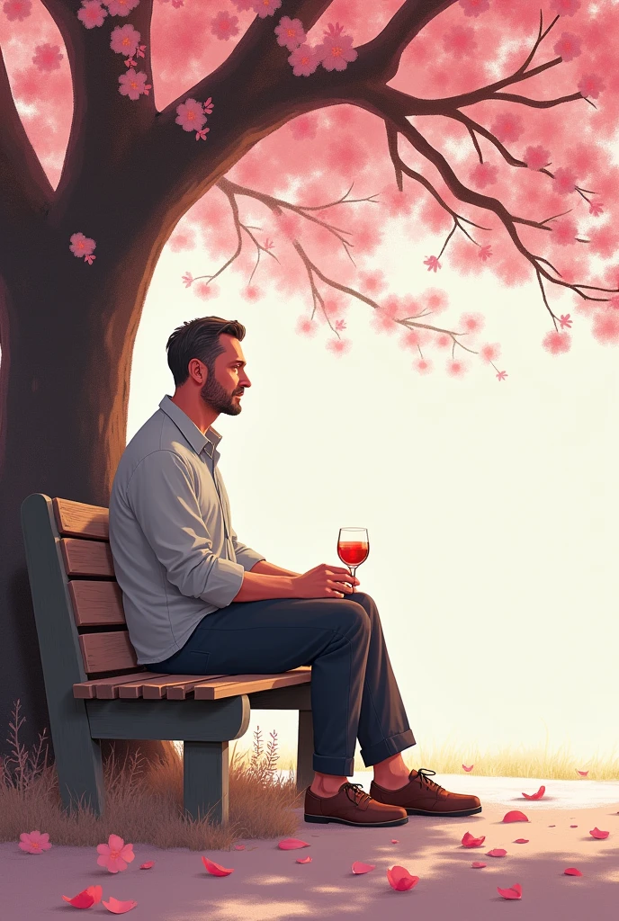 A man sits and drinks under a cherry tree.