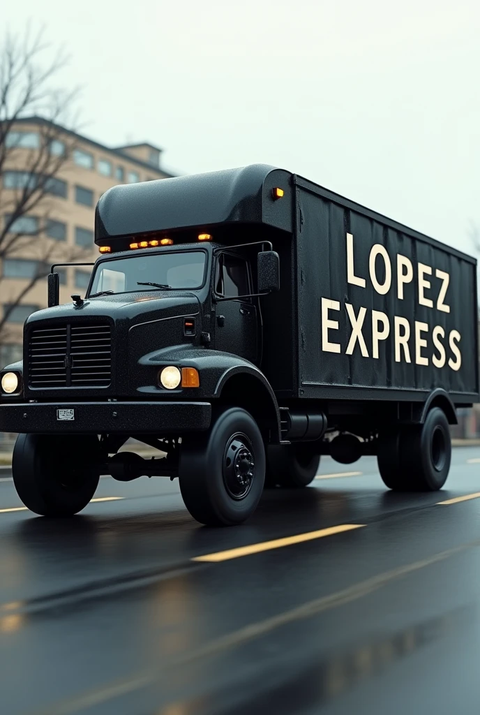 Super realistic black van truck with capital letters written on the body : "LOPEZ EXPRESS" 