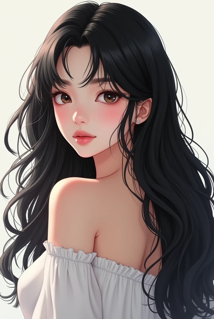 a woman with long black hair wearing a white top, ulzzang, detailed long black hair, whitebangsblackhair, black-hair pretty face, long wavy black hair, russian and american mix, beautiful black hair, kawaii, anime barbie in white, wavy black hair, wavy long red-haired hair, beautiful full face