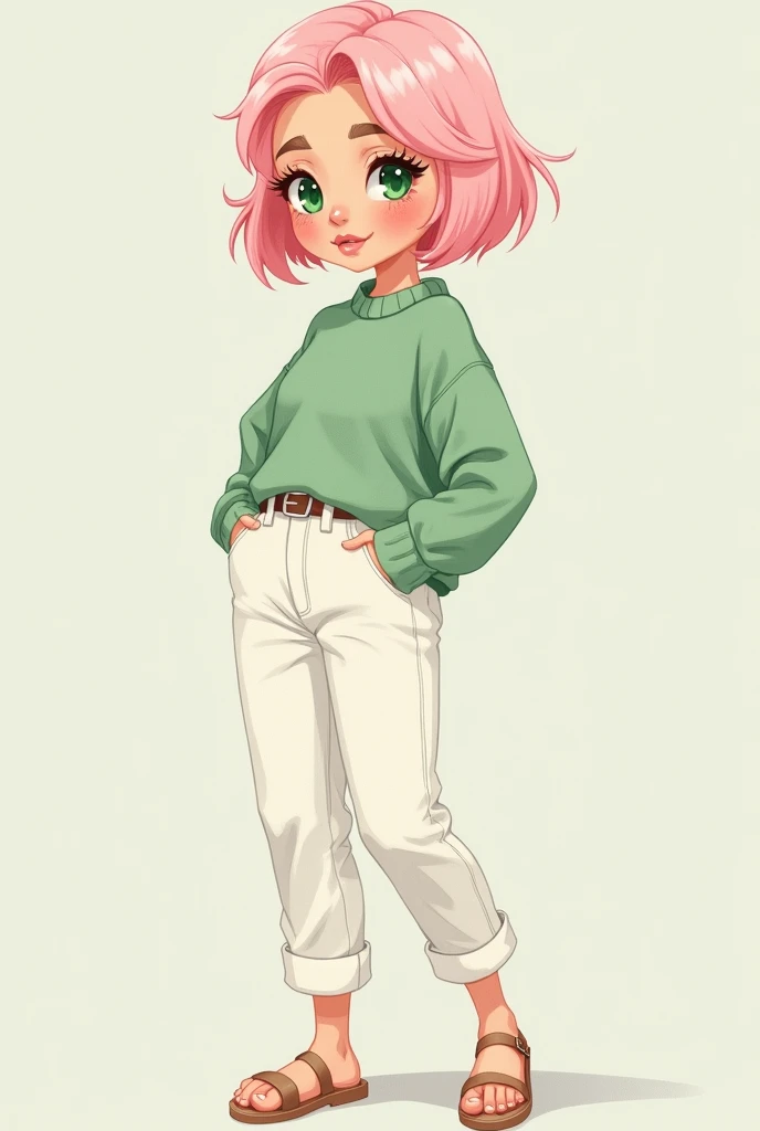 A fanart woman, skin fair, bright emerald green eyes, long, curved eyelashes, short pastel pink hair, smooth and shoulder length, with the ends curved inwards, parted in the middle with bangs falling to the sides of the face, very sharp face with light freckles on the cheeks and nose, well-defined eyebrows and pastel pink, has wide hips and shapely legs, Guitar waist, little bust, slim, wears a pastel green wool sweater, white pants and skin-colored strappy sandals
