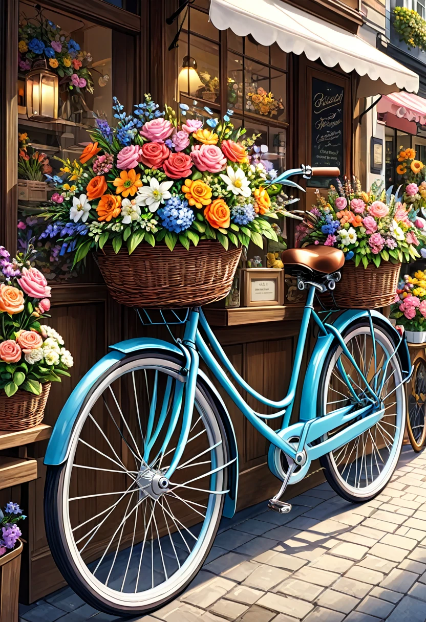 ( Correct and perfect anatomy )(close up) A basket brimming with fresh flowers. A detailed and intricate bicycle parked beside the flower shop. A detailed and complex, perfectly artistic illustration. Delicate, realistic, high detail. Best quality. ( Correct and perfect anatomy ) Ultra-detailed animation art and visual effects masters perfectly compose intricate digital art