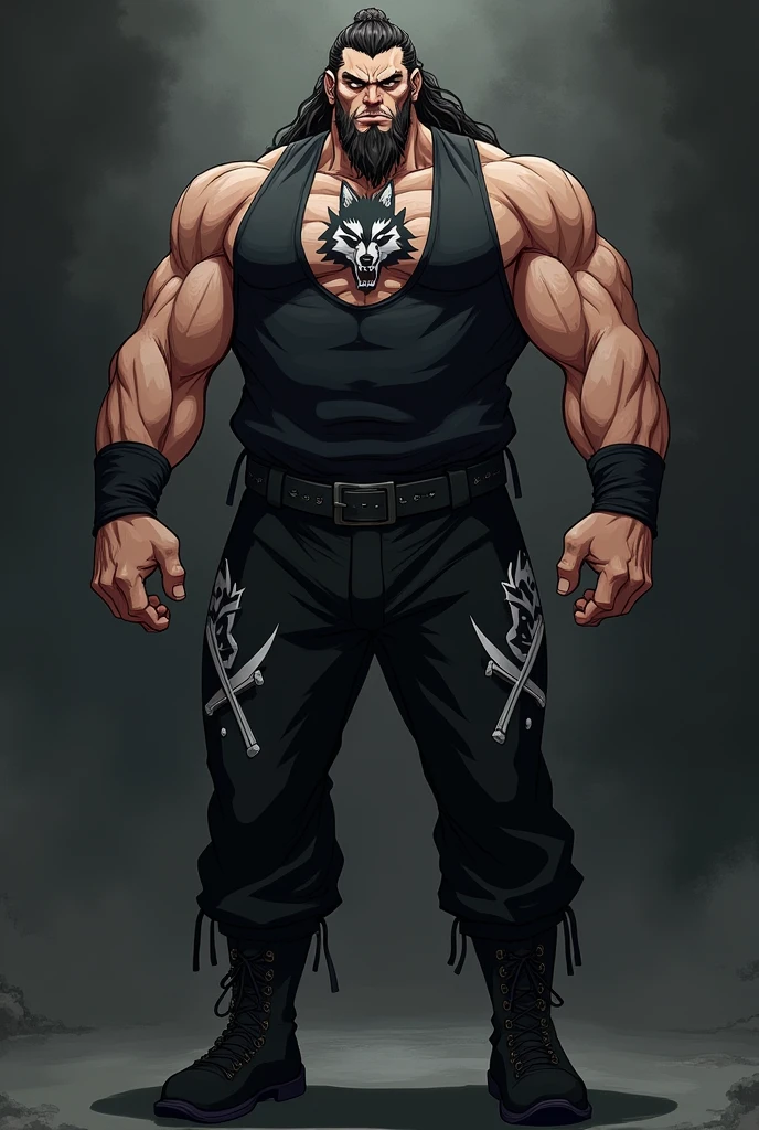Animé, homme, inspirée de andrew the giant avec des vêtements de combat ( ???? avec le logo d'une tête de loup avec deux sabres), pantalon noir
