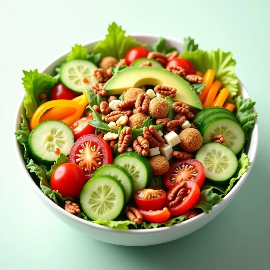 photo realiste Un bol de salade colorée et équilibrée avec des légumes frais, des fruits et des noix. Fond lumineux et appétissant.