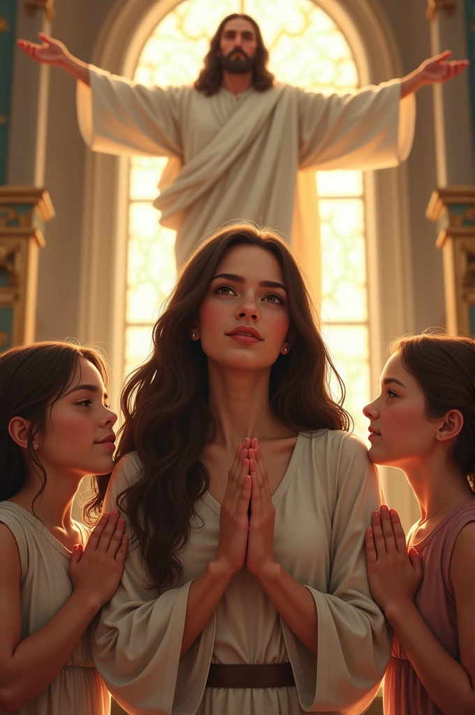 20 year old woman with long dark brown hair, freckles and light brown eyes. surrounded by children. All of them with their hands together in prayer.. In the background Jesus of Nazareth with open arms.
Everyone is smiling inside a church filled with lots of light.