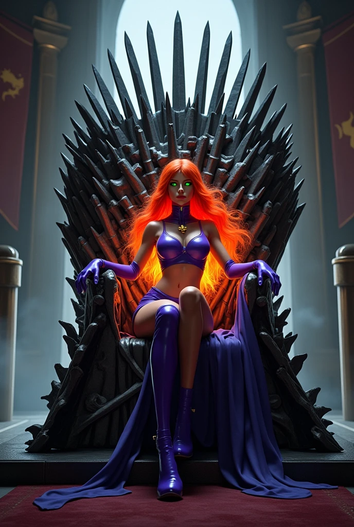 Create an image of Starfire from Teen Titans sitting on the Iron Throne